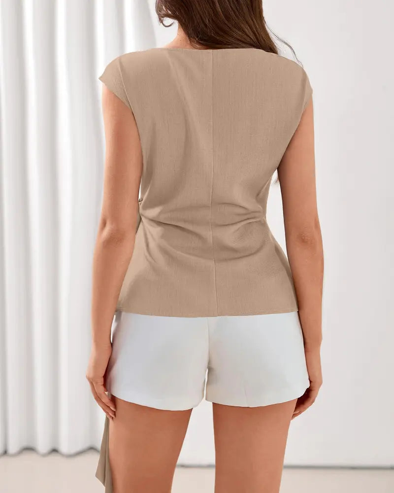 Womens Tops Cap Sleeve Crew Neck Tie Waist Blouses