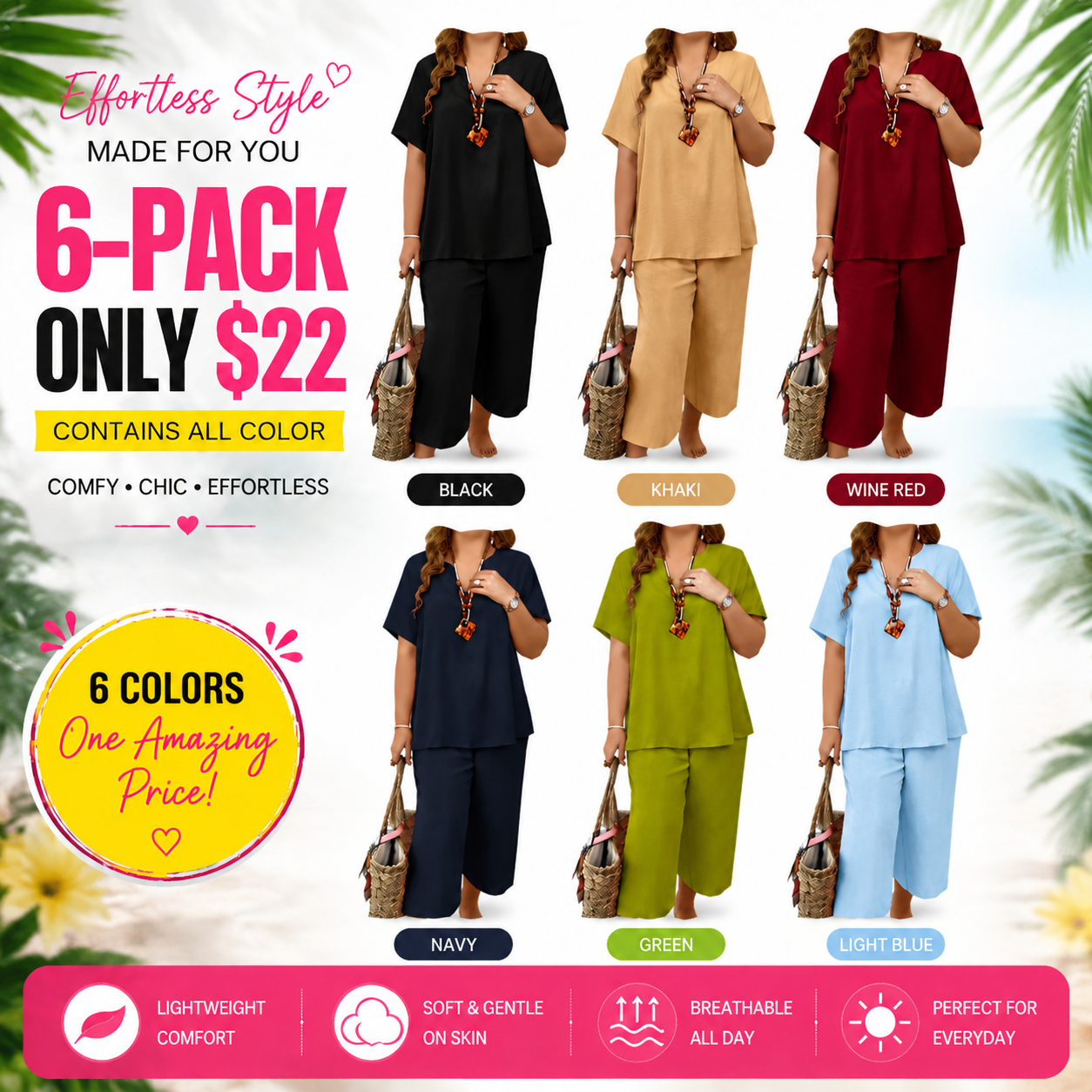 Summer Special Sale🍃Women's Solid Short Sleeve Top & Loose Wide Leg Pants 2-Piece Set
