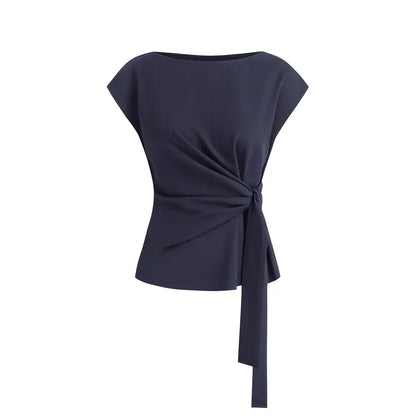 Womens Tops  Cap Sleeve Crew Neck Tie Waist Blouses