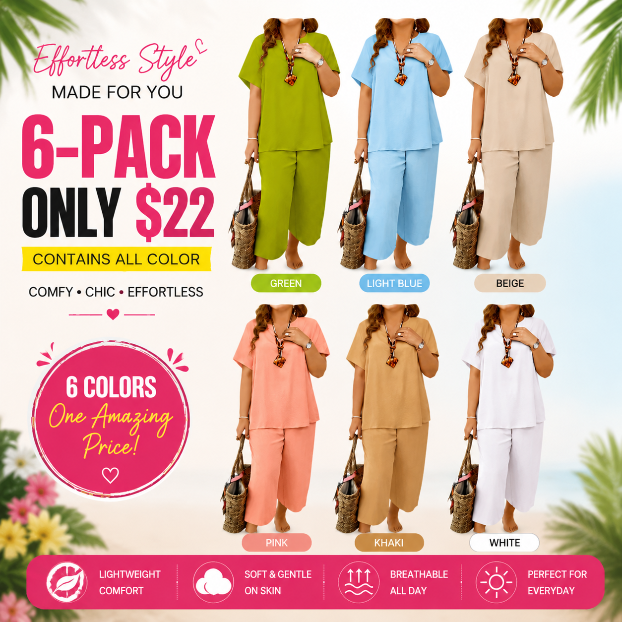Summer Special Sale🍃Women's Solid Short Sleeve Top & Loose Wide Leg Pants 2-Piece Set