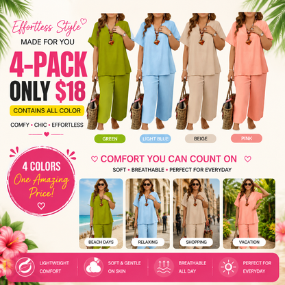 Summer Special Sale🍃Women's Solid Short Sleeve Top & Loose Wide Leg Pants 2-Piece Set