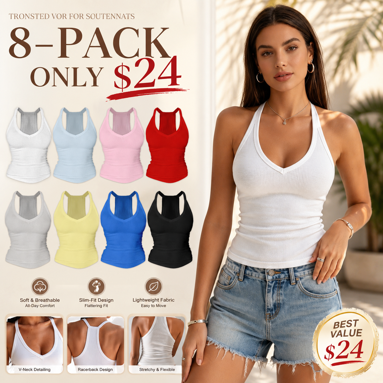 Built-in bust support, sleeveless backless slim-fit basic tank top